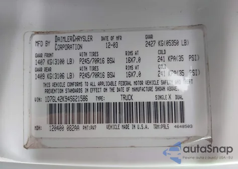 2004 Dodge Dakota Slt из США, поврежденный, VIN 1D7GL42K94S621586